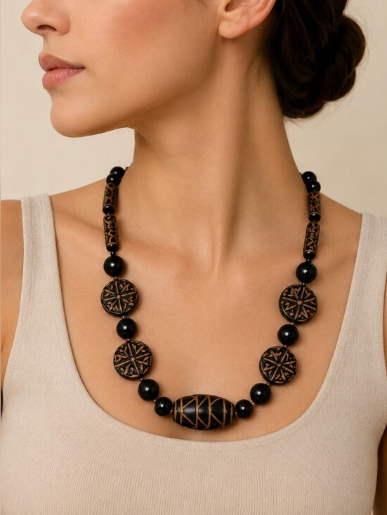 Vintage Jewelry - Vintage Black Carved Floral Ethnic Resin Beaded Necklace